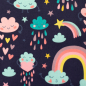 Preview: Baumwoll Webware Tom mit Regenbogen, Wolken und Regen auf navy