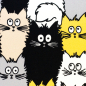 Preview: Baumwoll Webware Tim mit Katzen in grau, schwarz, gelb und weiß