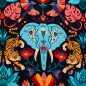 Preview: Modal French Terry Kanani by Käselotti - Elefant, Tiger und bunte Blüten