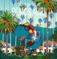 Preview: Baumwolljersey Panel coole Dinos mit Skateboard und E-Gitarre - Digitaldruck