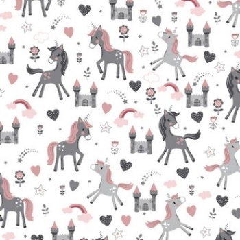 Baumwoll Popeline Lovely Unicorns - Einhörner mit Regenbogen, Herzen, Schloss