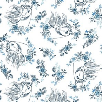 Baumwoll Popeline Spirit - Pferd navy - weiß