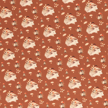 Baumwoll Webware Happy Harvest mit Igeln + Pilzen + Laub auf terracotta