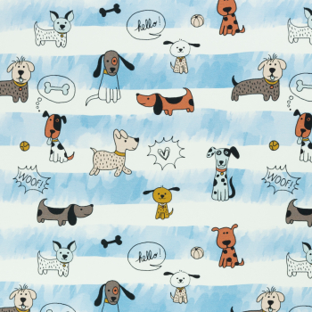 Baumwolljersey Funny Dogs - Hunde und Streifen blau - weiß