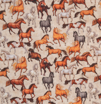 Preview: Baumwoll Webware Tim - Pferde auf beige