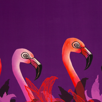 Viskose Webware - Flamingo Flowers by Thorsten Berger - Flamingos und Blüten als Bordürendruck - Rest 1,2 m