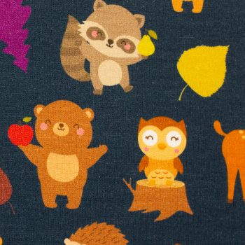 Preview: French Terry - Tomke mit Waldtieren auf petrol - Reh, Bär, Waschbär, Hase, Eichhörnchen, Igel, Eule