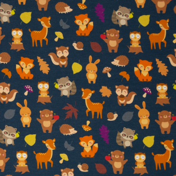 French Terry - Tomke mit Waldtieren auf petrol - Reh, Bär, Waschbär, Hase, Eichhörnchen, Igel, Eule