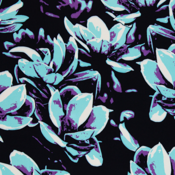 Viskose Webware - Distorted Blooms by Thorsten Berger - Blüten in hellblau - lila - schwarz