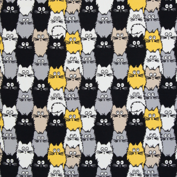 Baumwoll Webware Tim mit Katzen in grau, schwarz, gelb und weiß