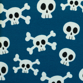 Baumwolljersey Ahoi! by Mrs.Mint Design mit Totenköpfen auf blau