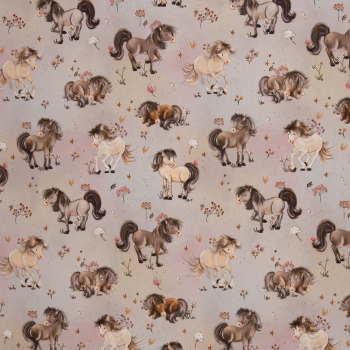 Baumwoll Webware Traumpferde - süße Pferde auf Wiese