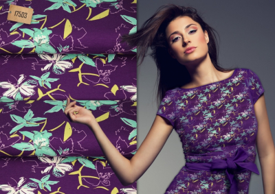 Preview: Viskosejersey Blüten mint auf lila