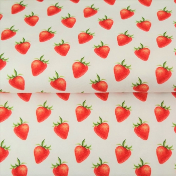 Baumwolljersey Erdbeeren auf weiß - Digitaldruck