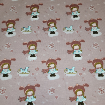 French Terry mit Wintermädchen mit Schlitten altrosa