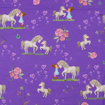 Baumwolljersey Pferde + Mädchen auf lila - Digitaldruck