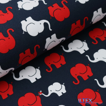 Baumwolljersey Elefantenparade - Elefanten in weiß - rot auf blau