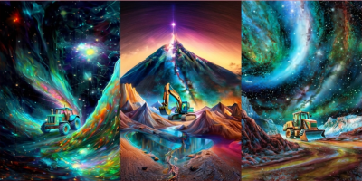 Preview: French Terry  Panel mit Bagger und Radlader und bunten Farben