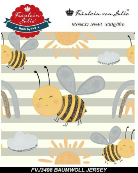Preview: Baumwolljersey mit Hummeln (oder dicken Bienen), regenbogen Sonne + Streifen - Fräulein von Julie