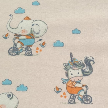 Baumwolljersey Elefant, Einhorn + Bär auf Fahrrad - rosa