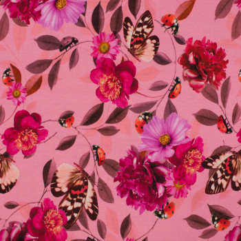 Baumwolljersey Blüten, Schmetterlinge und Marienkäfer auf pink - Digitaldruck