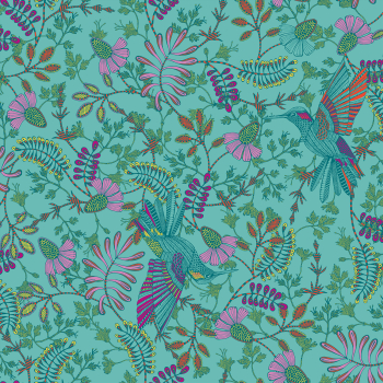 Viskose Voile Tiffany - Blüten und Kolibris auf mint