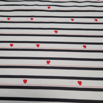 Baumwolljersey mit Ringel in schwarz weiß und roten Herzen