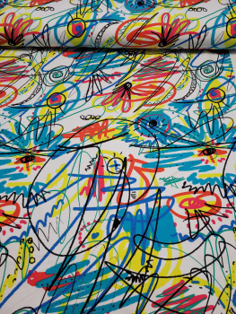 Preview: French Terry Sketching Print - bunte Linien - Graffiti auf weiß