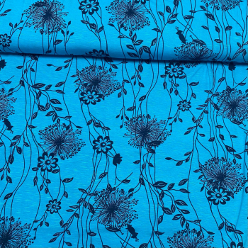 Viskose Slub - Jersey Floral türkis - dunkelblau