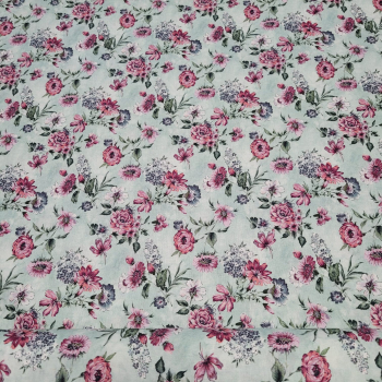 Baumwoll - Popeline Blüten in rot auf mint