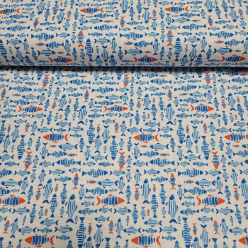 Baumwoll - Popeline Maritim mit kleinen Fischen auf weiß