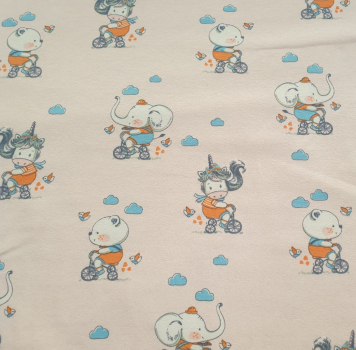 Baumwolljersey Elefant, Einhorn + Bär auf Fahrrad - rosa