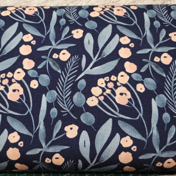 Preview: Viskosejersey - Blätter und Blüten auf navy