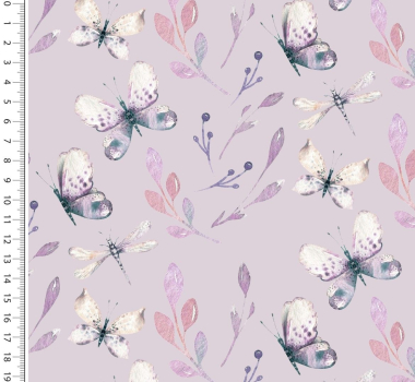 French Terry mit Schmetterlingen und Blättern auf flieder