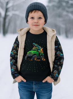 French Terry Panel - Dinos in bunt auf schwarz - weich angeraut