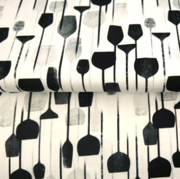 Baumwolljersey mit Weingläsern in schwarz - weiß
