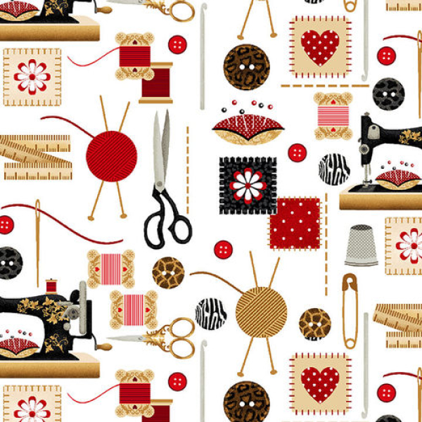 Patchworkstoff Sewing Mends the Soul - Nähutensilien - Schere, Nadeln, Knöpfe, Nähmaschinen, Garn, Maßband - Rest 0,9 m