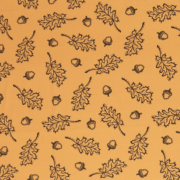 Baumwoll Webware Happy Harvest mit Blättern und Eicheln auf ocker