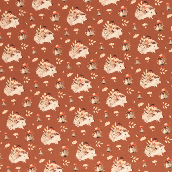 Baumwoll Webware Happy Harvest mit Igeln + Pilzen + Laub auf terracotta