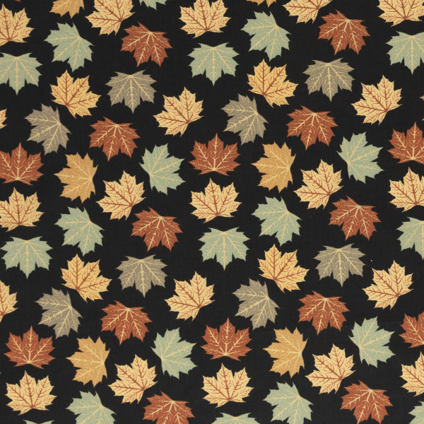 Baumwoll Webware Happy Harvest mit Blättern auf schwarz - Herbst - Laub