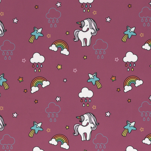 Softshell Robin Einhörner, Regenbogen und Wolken auf violet