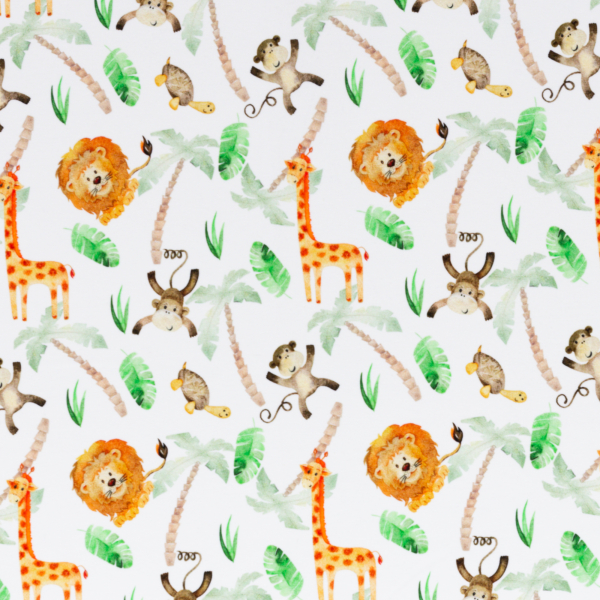 Baumwolljersey Nora Dschungel - Affe, Löwe, Giraffe, Schildkröte + Palmen