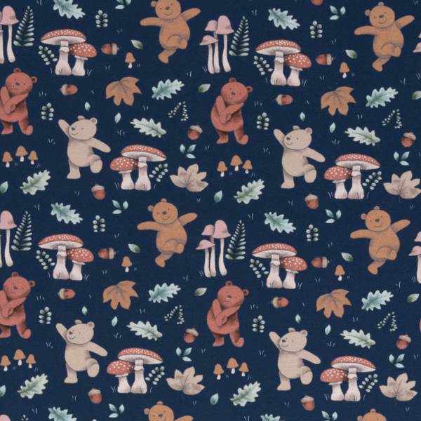 French Terry Baby Woods - Teddybär + Pilze + Blätter - Teddy Brumm