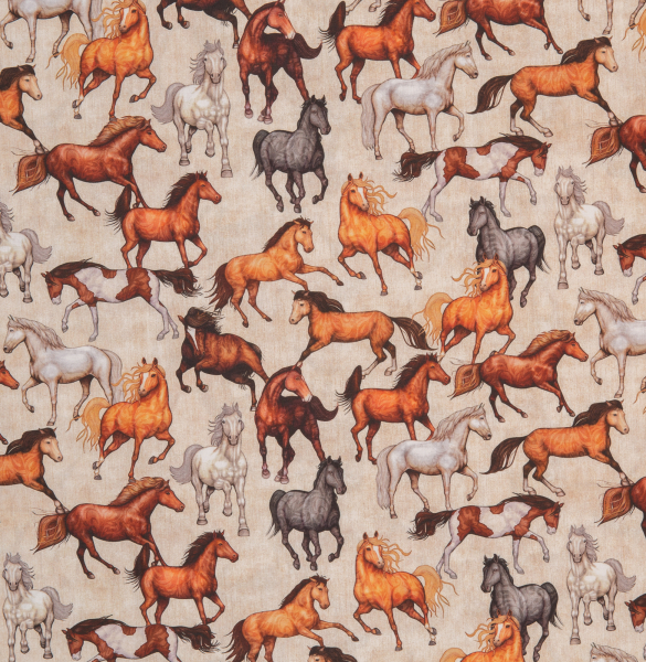 Baumwoll Webware Tim - Pferde auf beige