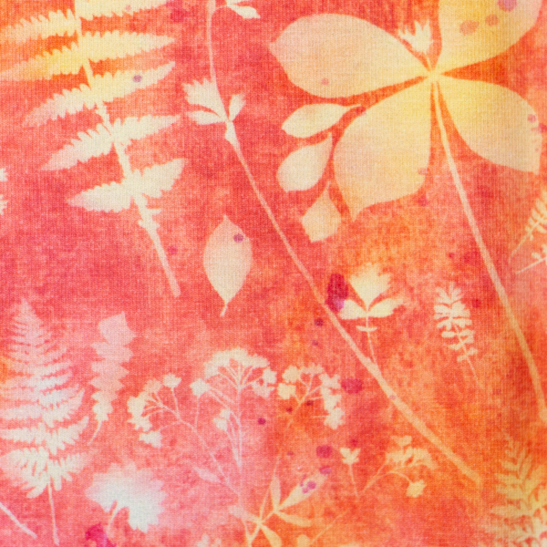 Baumwolljersey Lena Blätter und batik in orange - rosa - pink