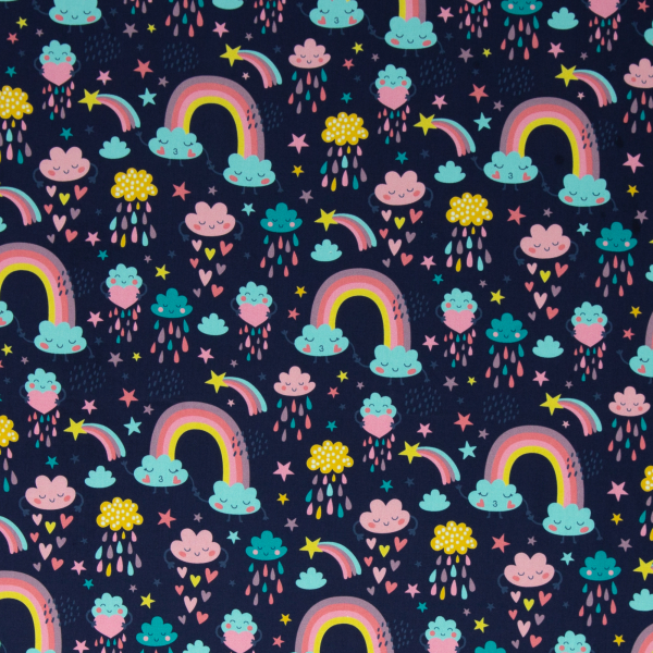 Baumwoll Webware Tom mit Regenbogen, Wolken und Regen auf navy