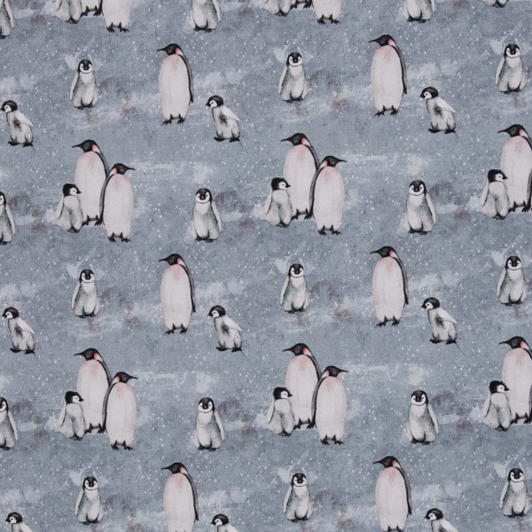 French Terry Beyond Nordic mit Pinguinen auf grau - leicht angeraut