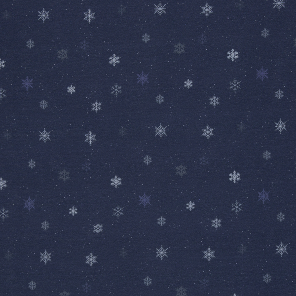French Terry Beyond Nordic mit Schneeflocken auf blau - leicht angeraut