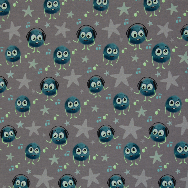 Baumwolljersey Monsta by Mrs. Mint Design - lustige Monster auf grau