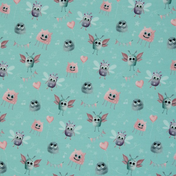 Baumwolljersey Monsta by Mrs. Mint Design - lustige Monster auf mint